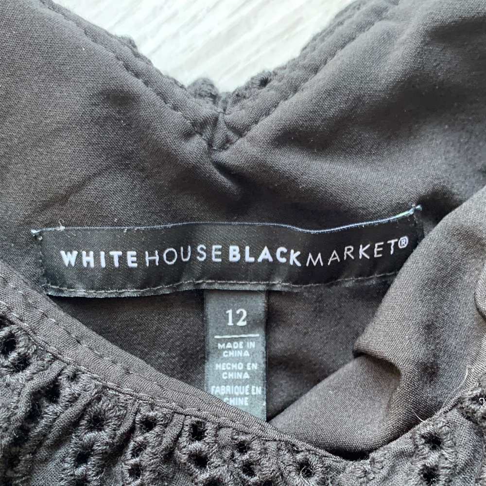 White House Black Market Black Eyelet Ruffle Peplum Top, size 12. - Picture 2 of 11